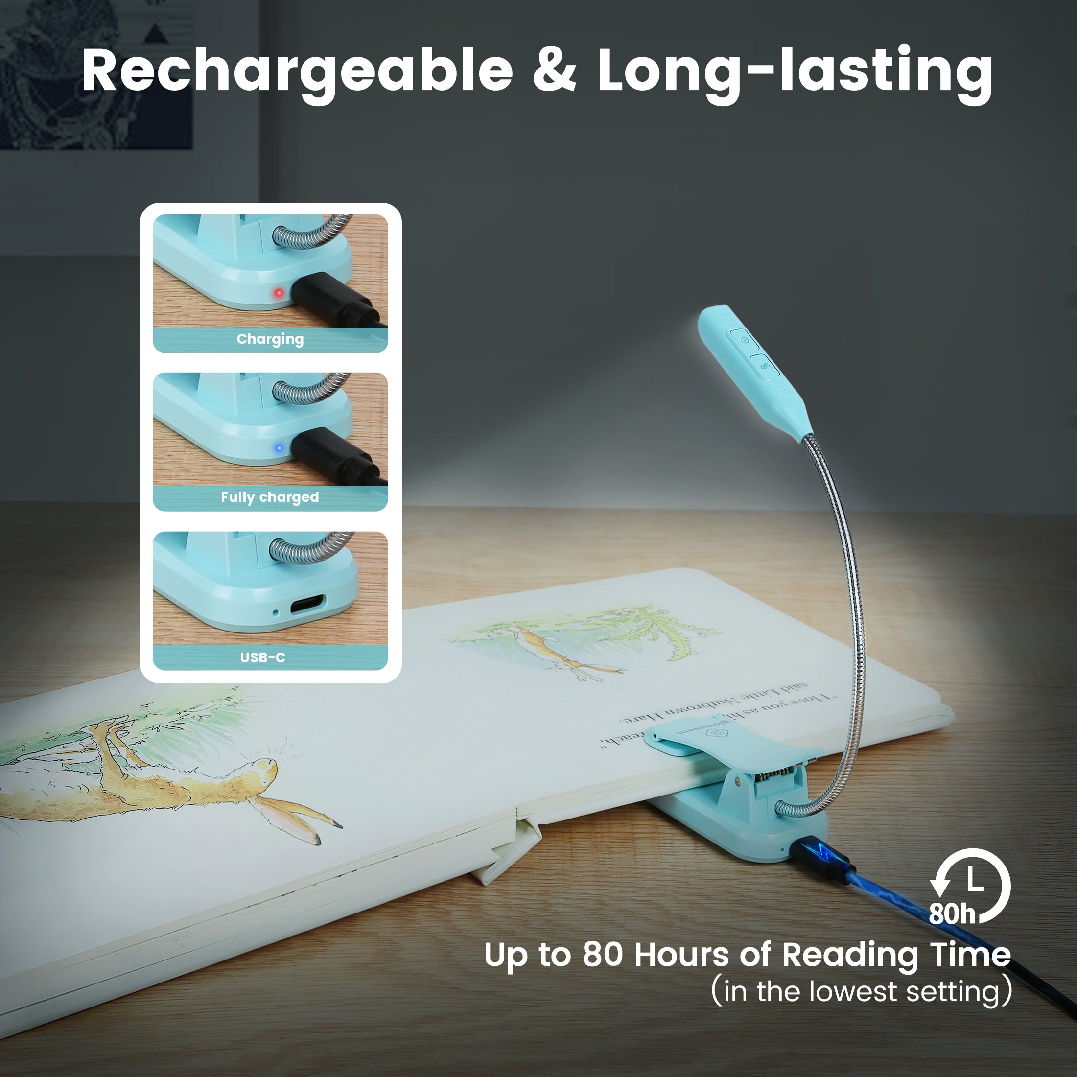 rechargeable and long-lasting amber book light