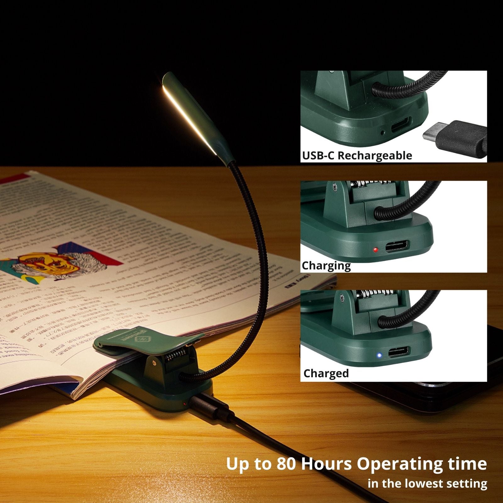 Glocusent Super Mini Clip-on Reading Light for Book in Bed, Rechargeable Long-lasting Battery, Black