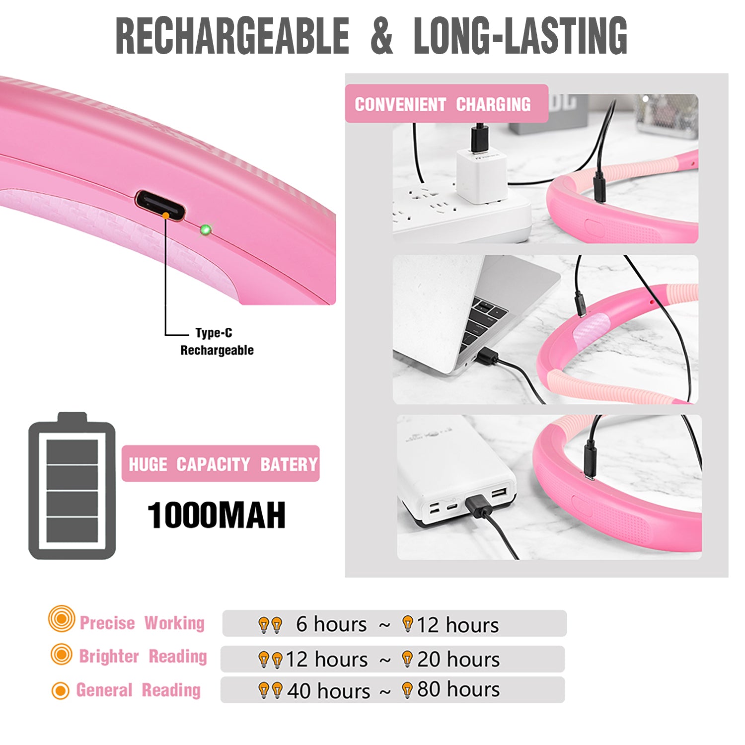 best rechargeable and long-lasting neck light,pink