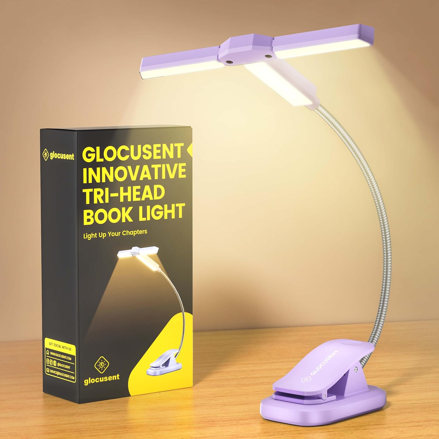 Glocusent Tri-head Clip On Book Light