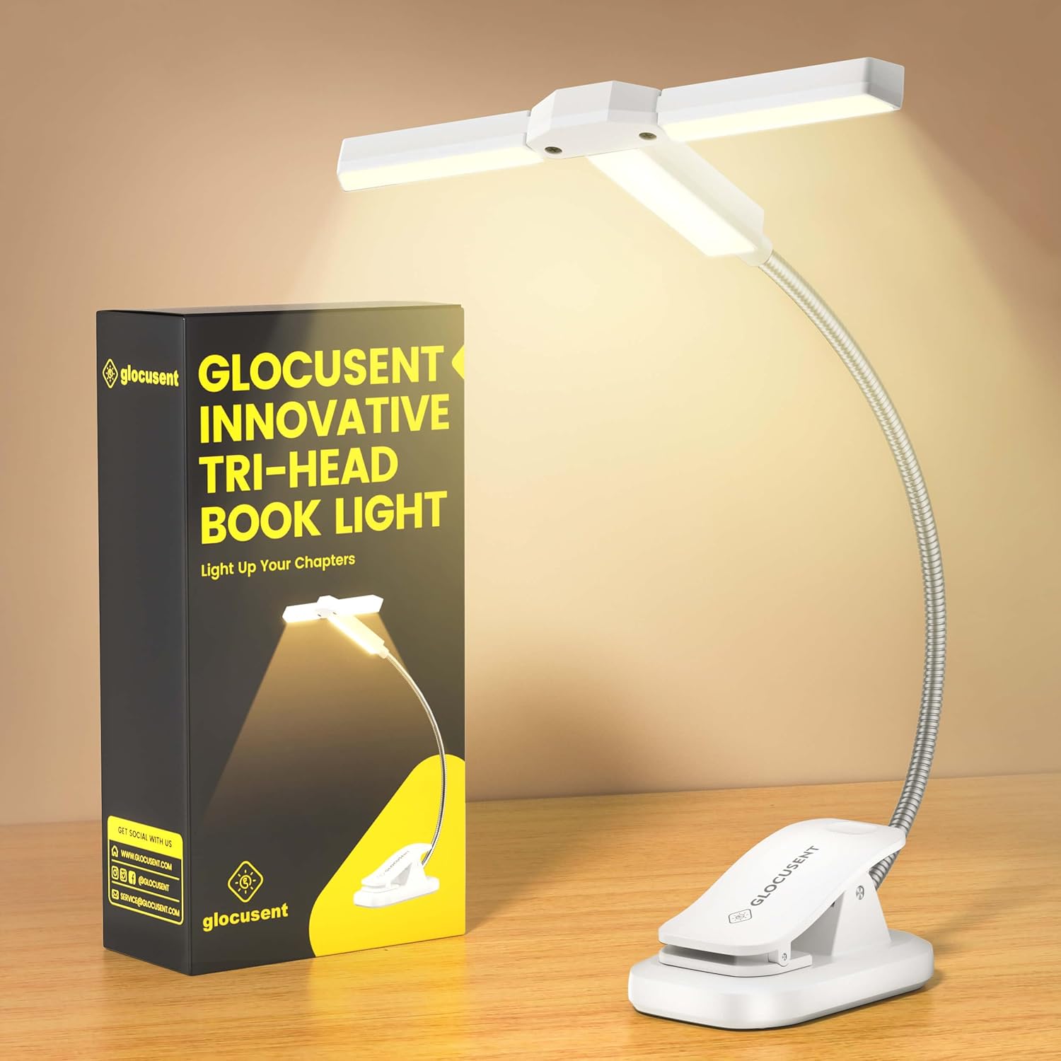 Glocusent Tri-head Clip On Book Light