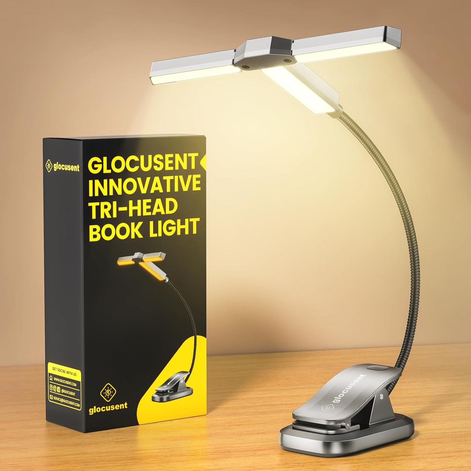 Glocusent Tri-head Clip On Book Light