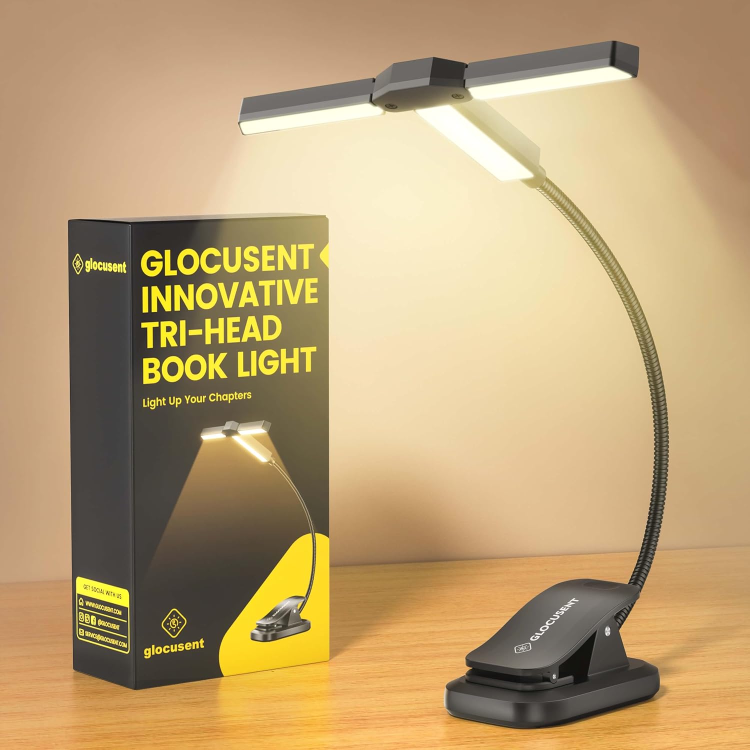 Glocusent Tri-head Clip On Book Light