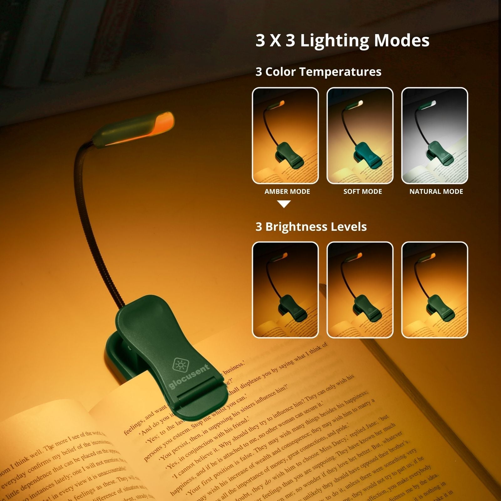 Glocusent USB Rechargeable Book Light for Reading in Bed, Portable Clip-on  LED Reading Light, 3 Amber Colors & 5 Brightness Dimmable, Compact & Long