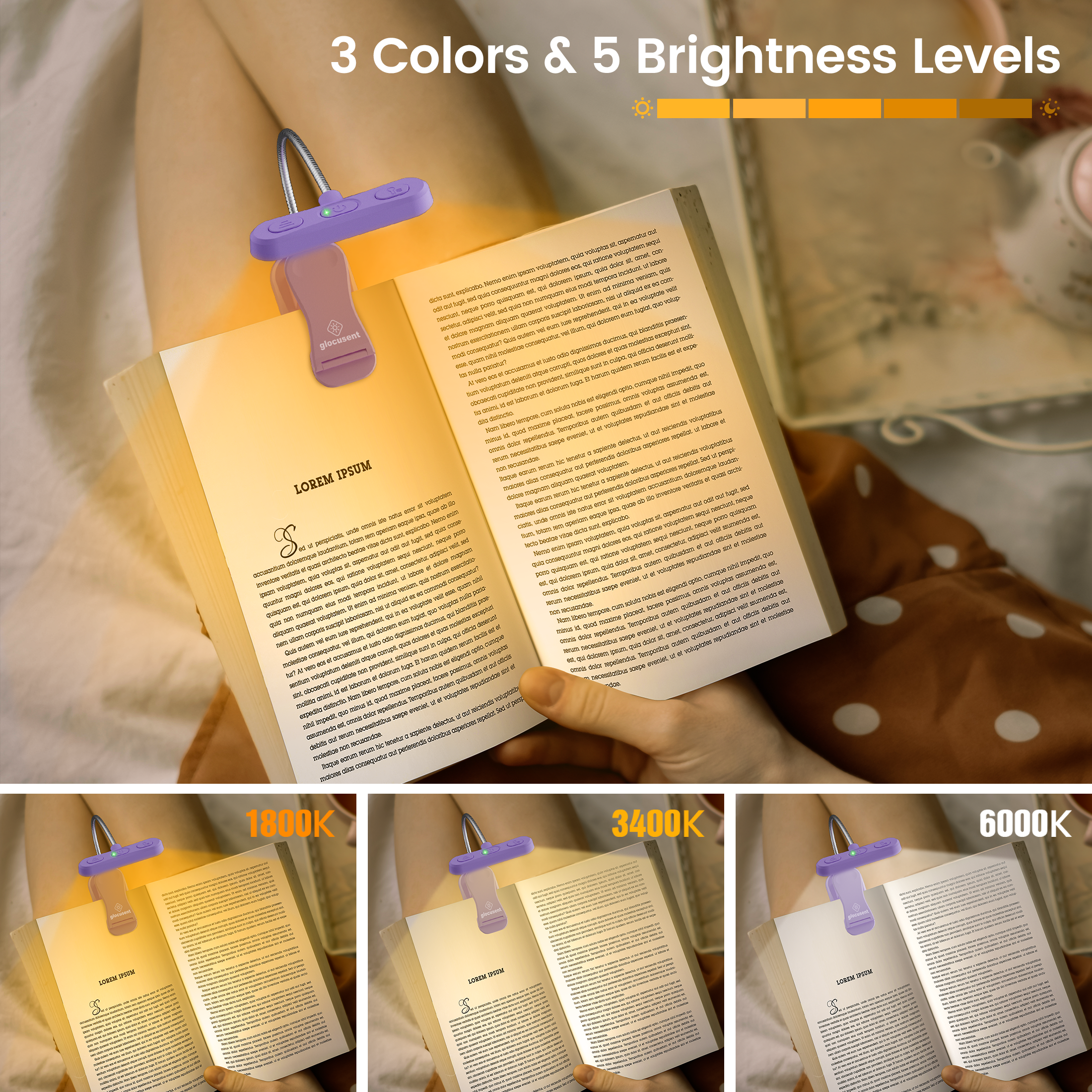 Glocusent Horizontal ET-head Amber Book Light with CRI 95 for Book Lovers