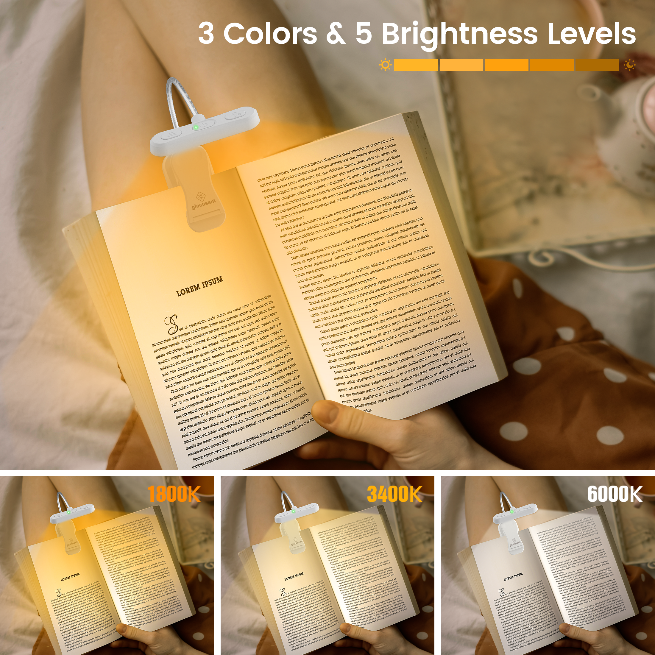 Glocusent Horizontal ET-head Amber Book Light with CRI 95 for Book Lovers