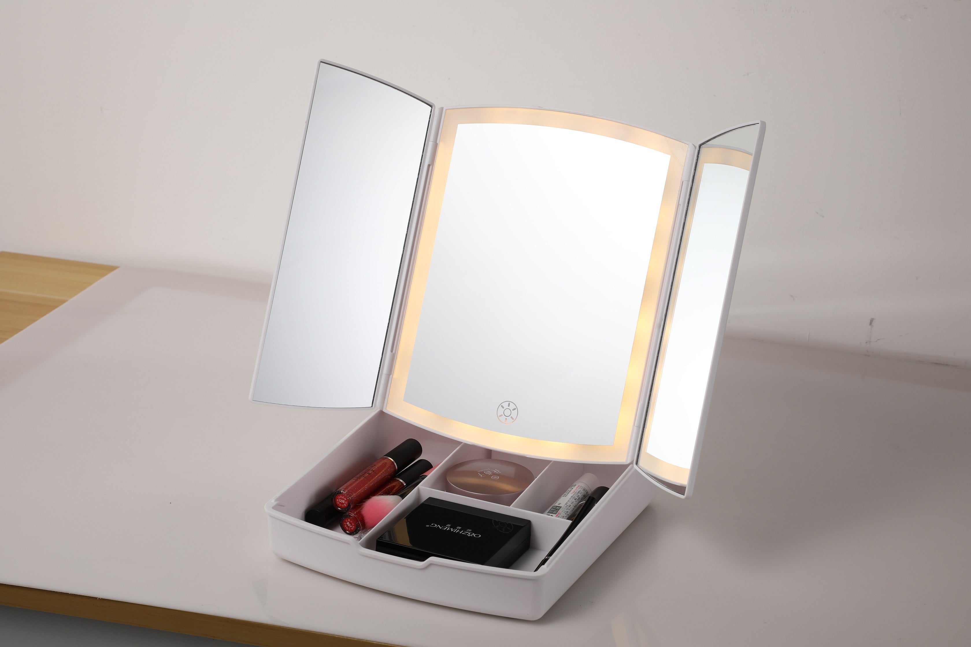 Glocusent Tri-Foldable LED Lighted Makeup Mirror with Container