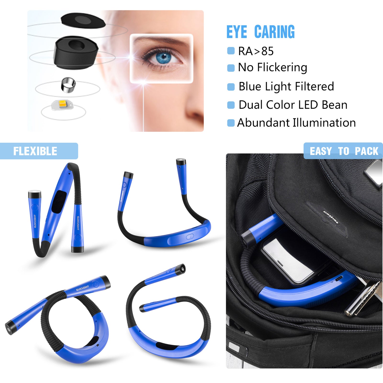 Best Neck Reading Light, designed for Eye-caring, Blue