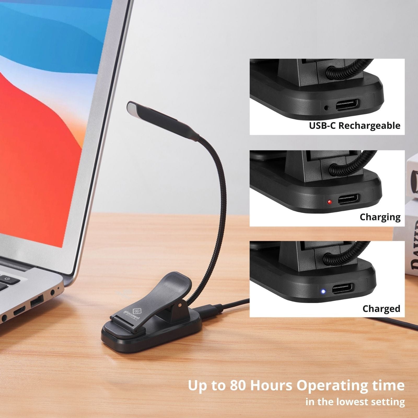 Glocusent Super Mini Clip-on Reading Light for Book in Bed, Rechargeable Long-lasting Battery, Black