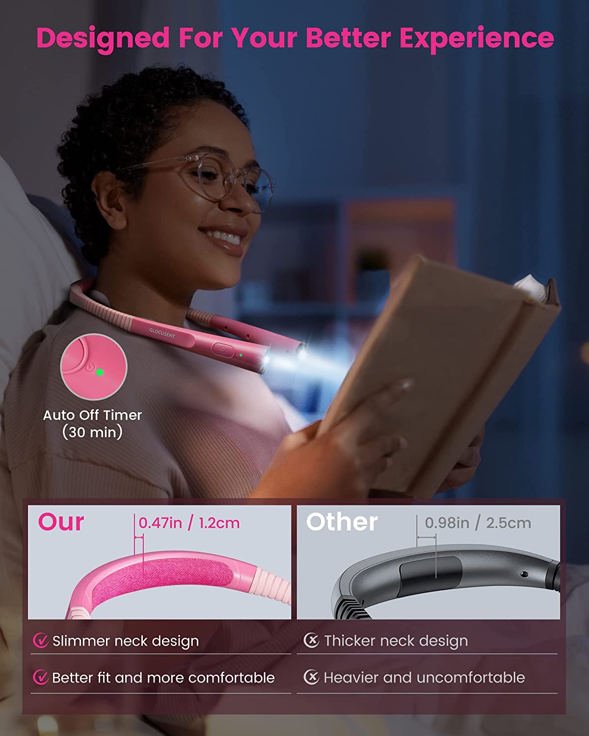 SingHong Neck Book Light LED Reading Lamp USB Rechargeable, Hands Free, 4  LED Bulbs, 4 Adjustable Brightness, for Reading in Bed or Reading in Car  Lamp (Pink) 