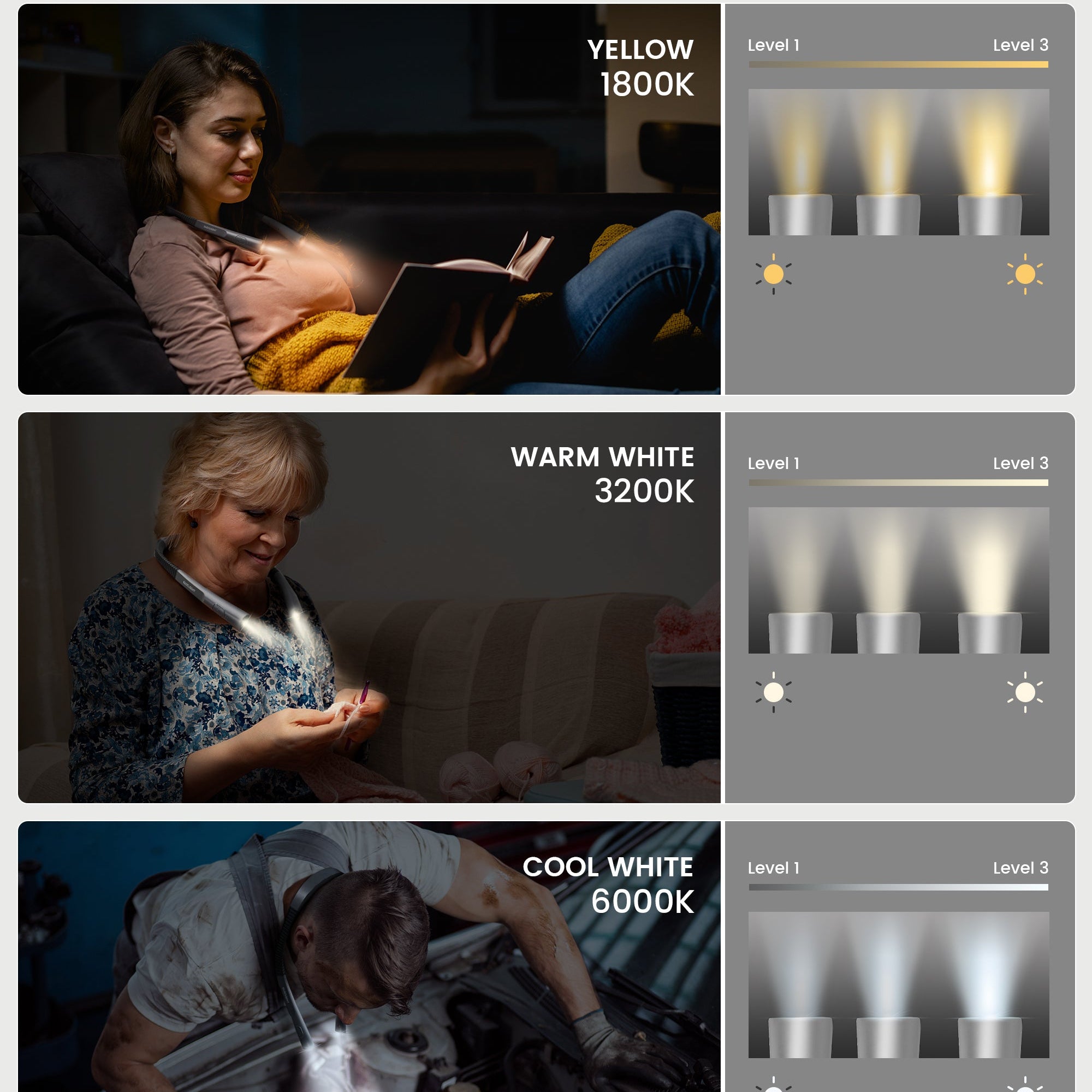 best neck reading light with 3 color modes and 3 brightness levels