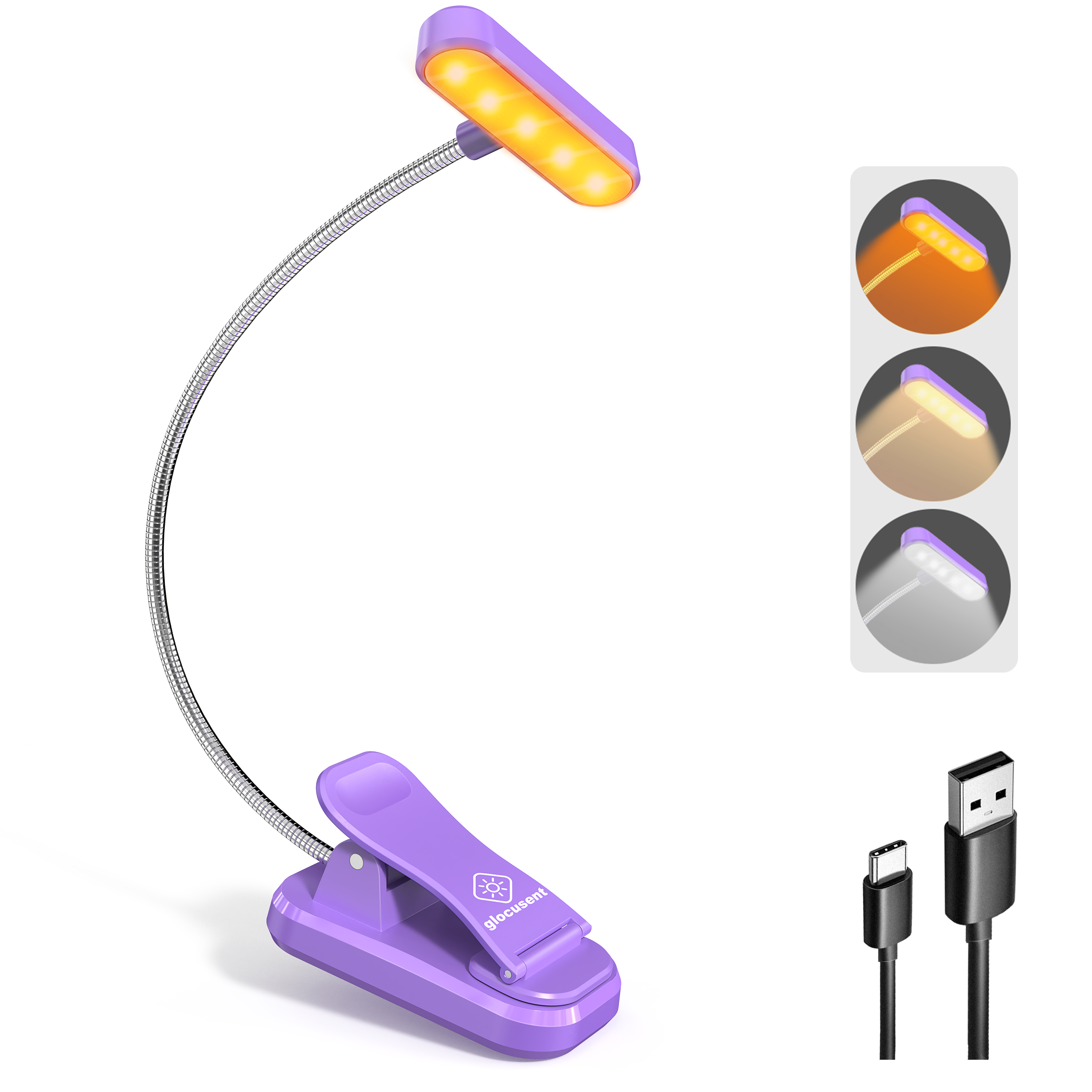 Glocusent Horizontal ET-head Amber Book Light with CRI 95, Lilac Purple