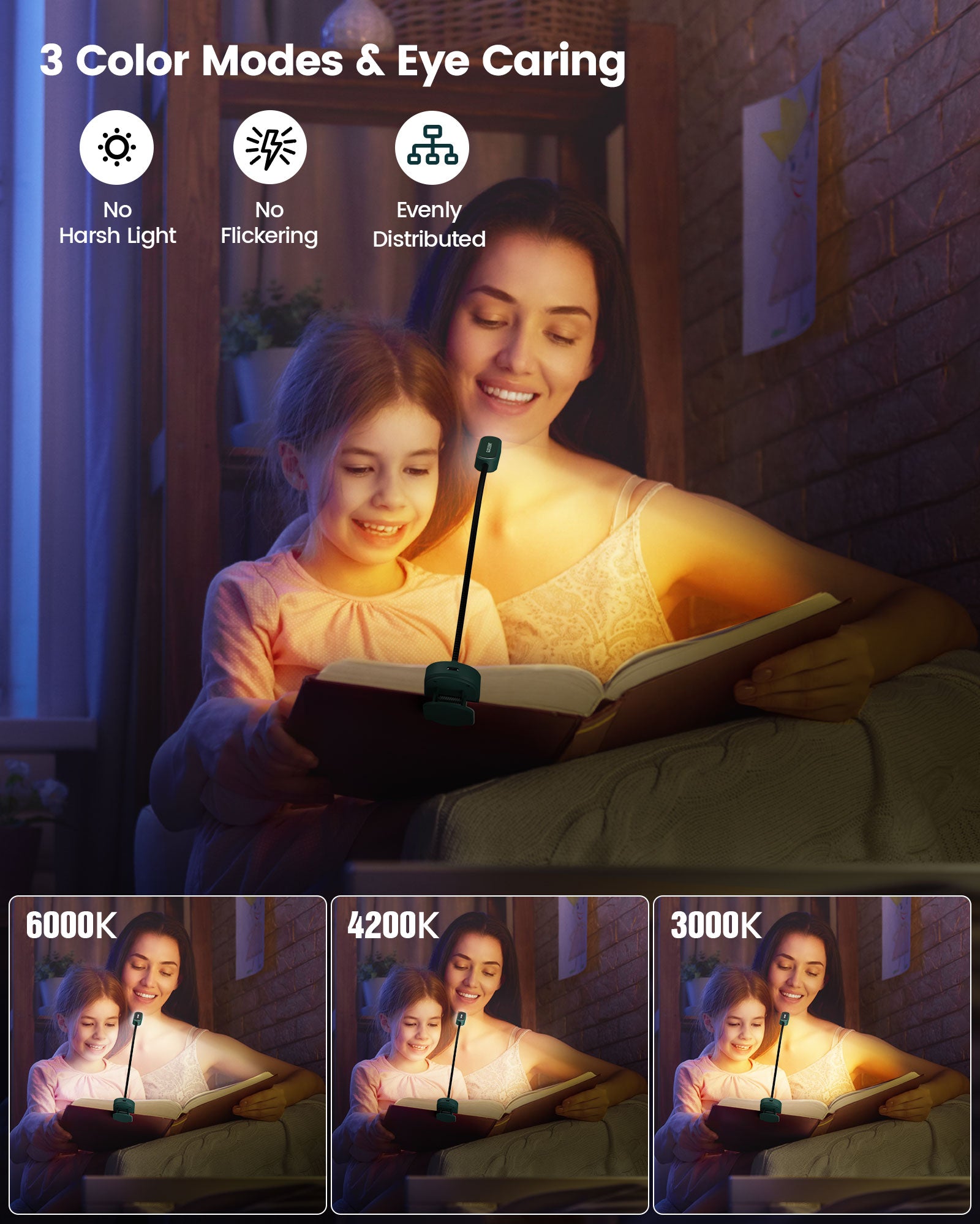 Book Light for Reading in Bed, USB-C Rechargeable Book Light, Reading Light  with 16 LEDs, 5 Brightness and 3 Color Modes,1000 mAh Strong Battery Life