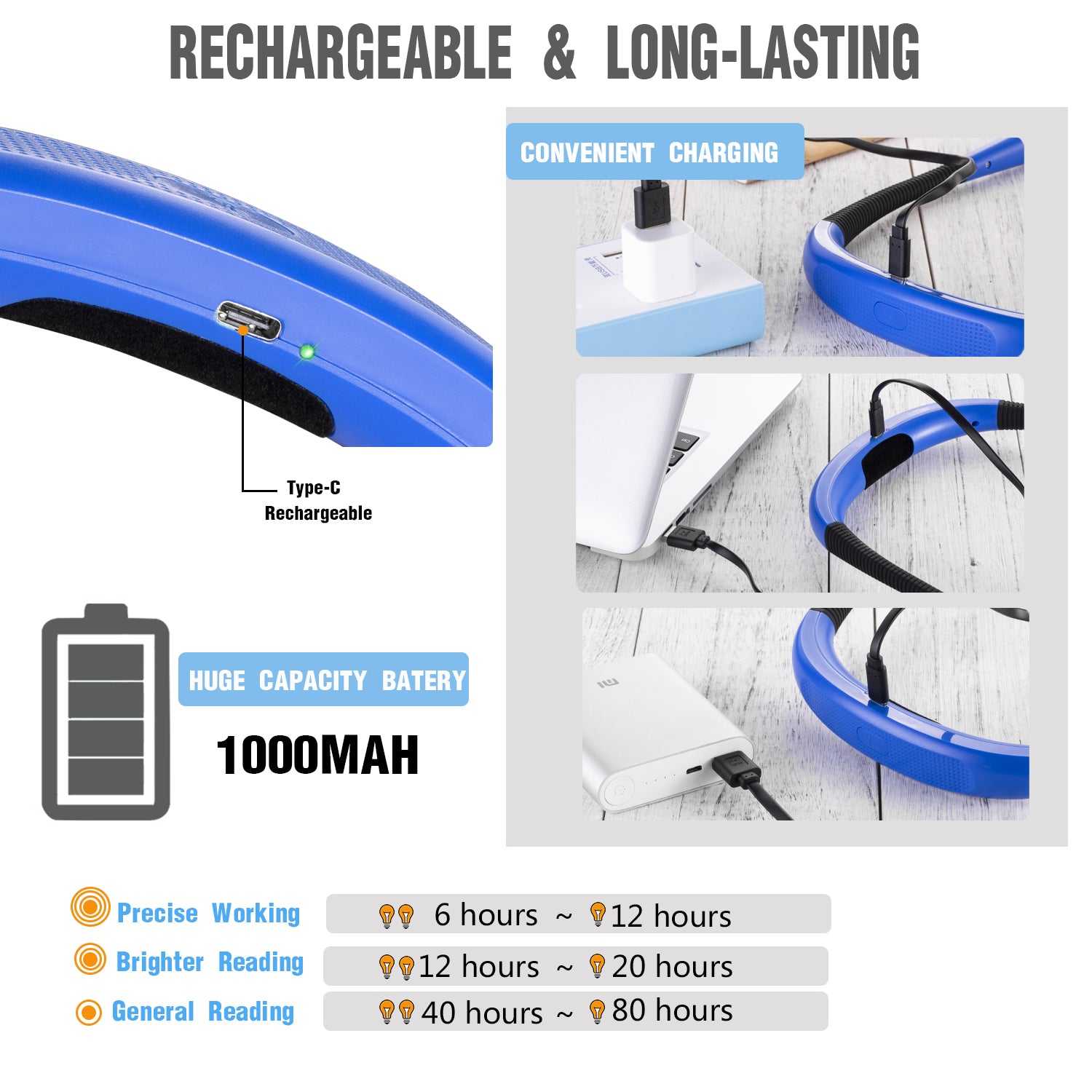 Best Glocusent Neck Reading Light, with Rechargeable & Long-lasting Battery, Blue