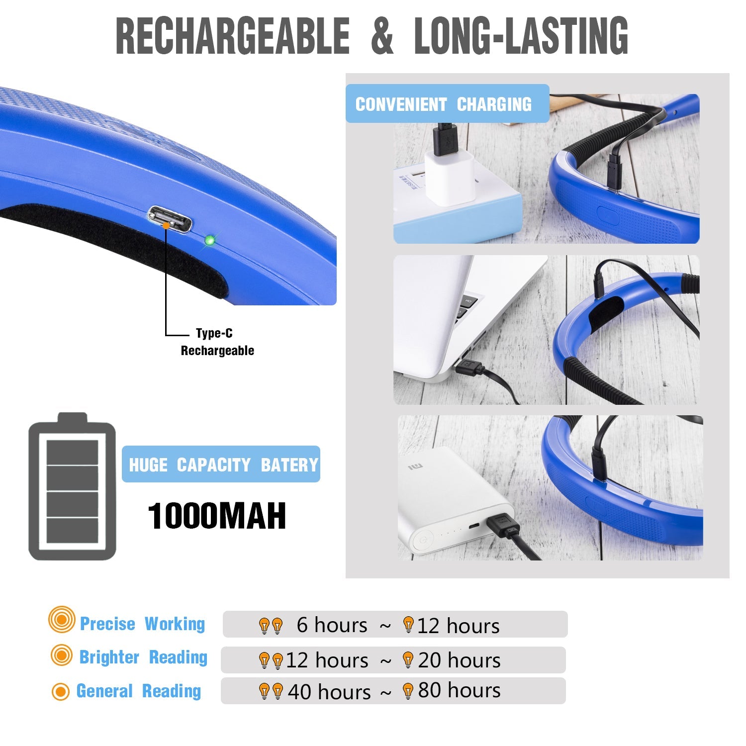 Best Glocusent Neck Reading Light, with Rechargeable & Long-lasting Battery, Blue